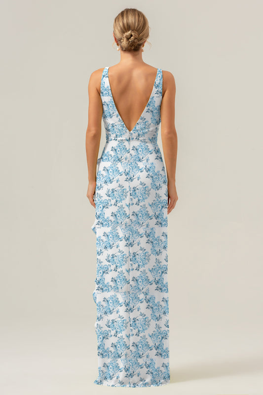 Blue Flower Mermaid Ruffles Long Bridesmaid Dress with Slit