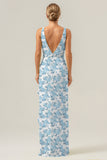 Blue Flower Mermaid Ruffles Long Bridesmaid Dress with Slit