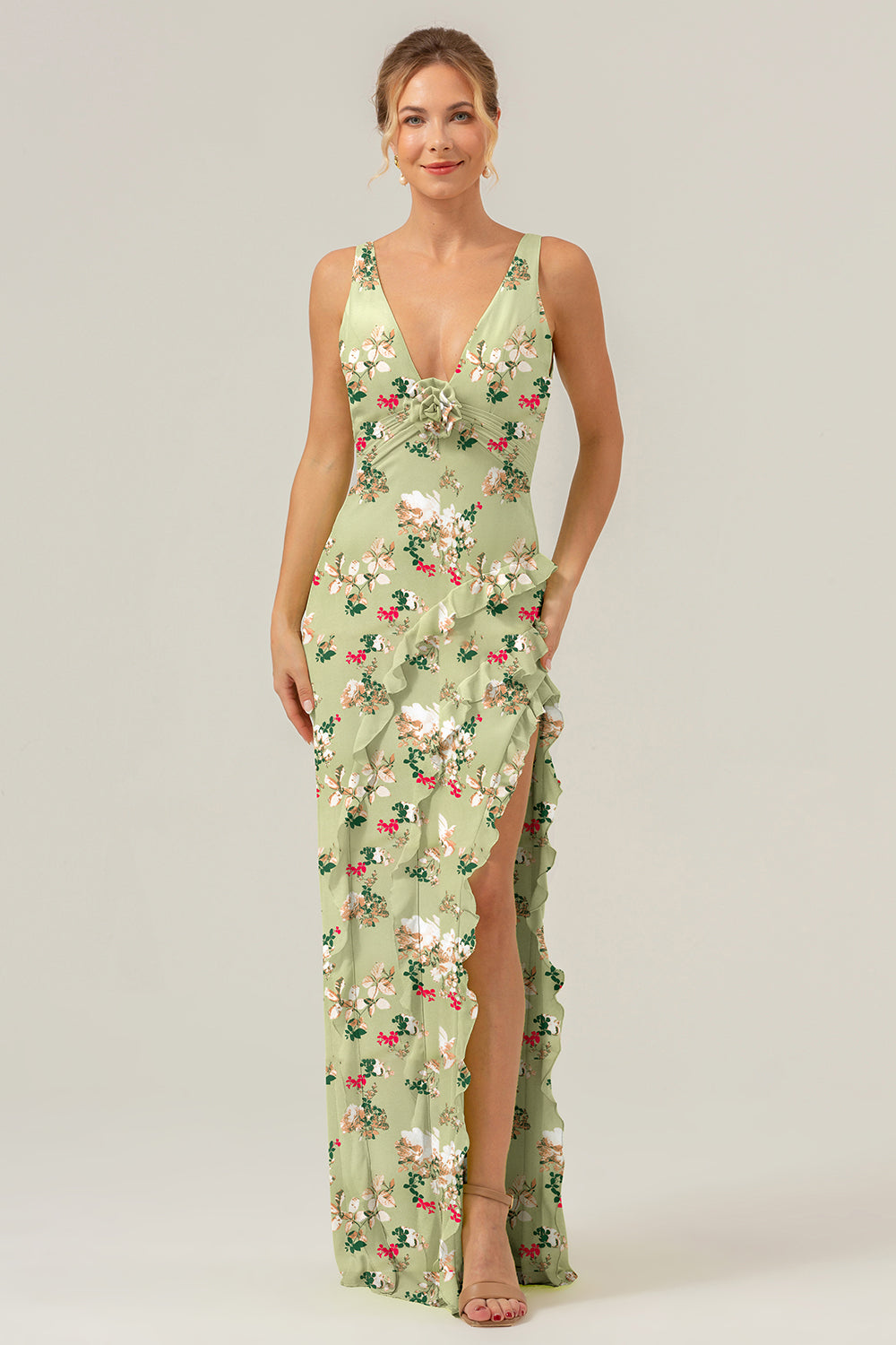 Blue Flower Mermaid Ruffles Long Bridesmaid Dress with Slit