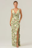 Blue Flower Mermaid Ruffles Long Bridesmaid Dress with Slit