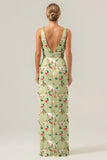 Blue Flower Mermaid Ruffles Long Bridesmaid Dress with Slit