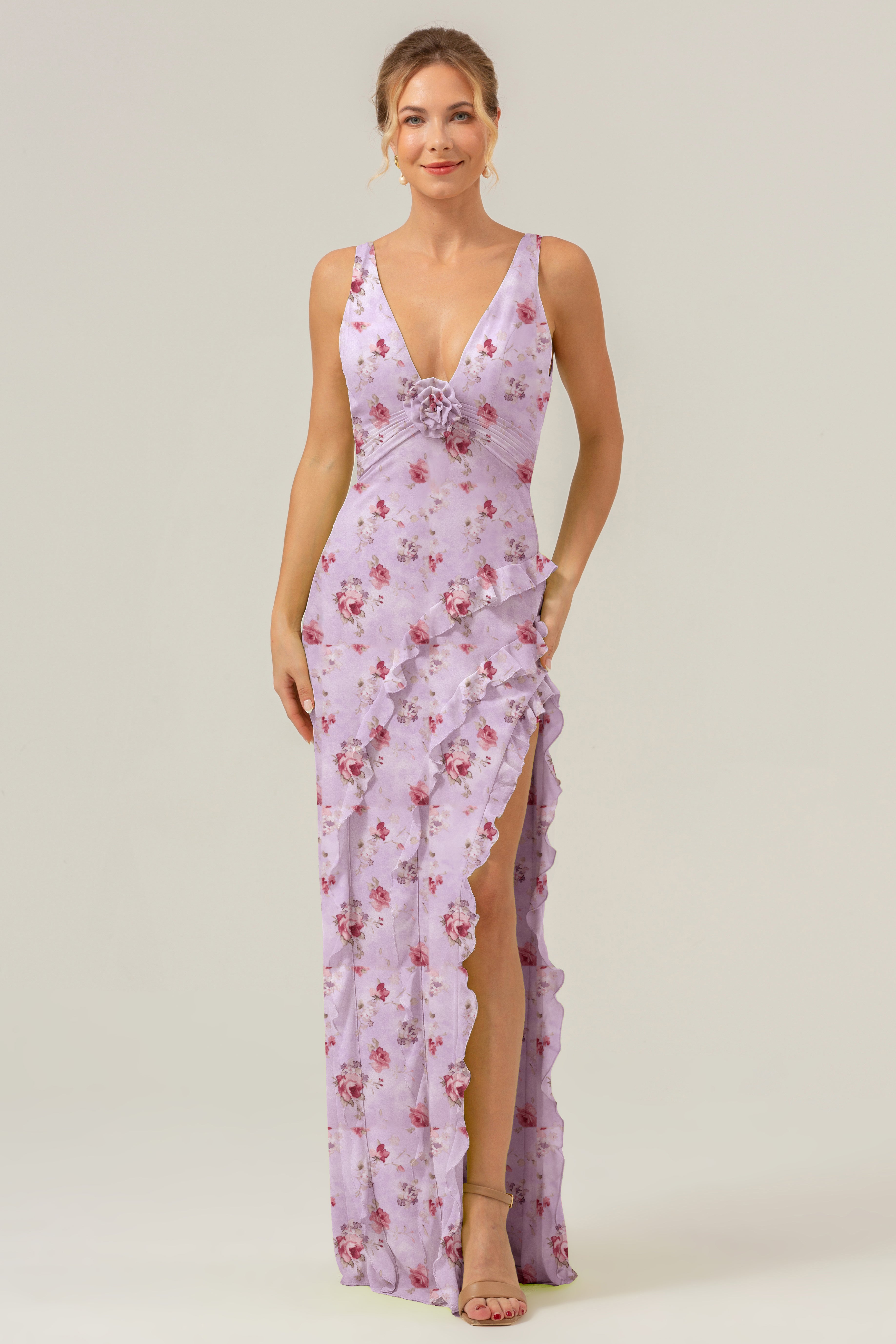 Blue Flower Mermaid Ruffles Long Bridesmaid Dress with Slit