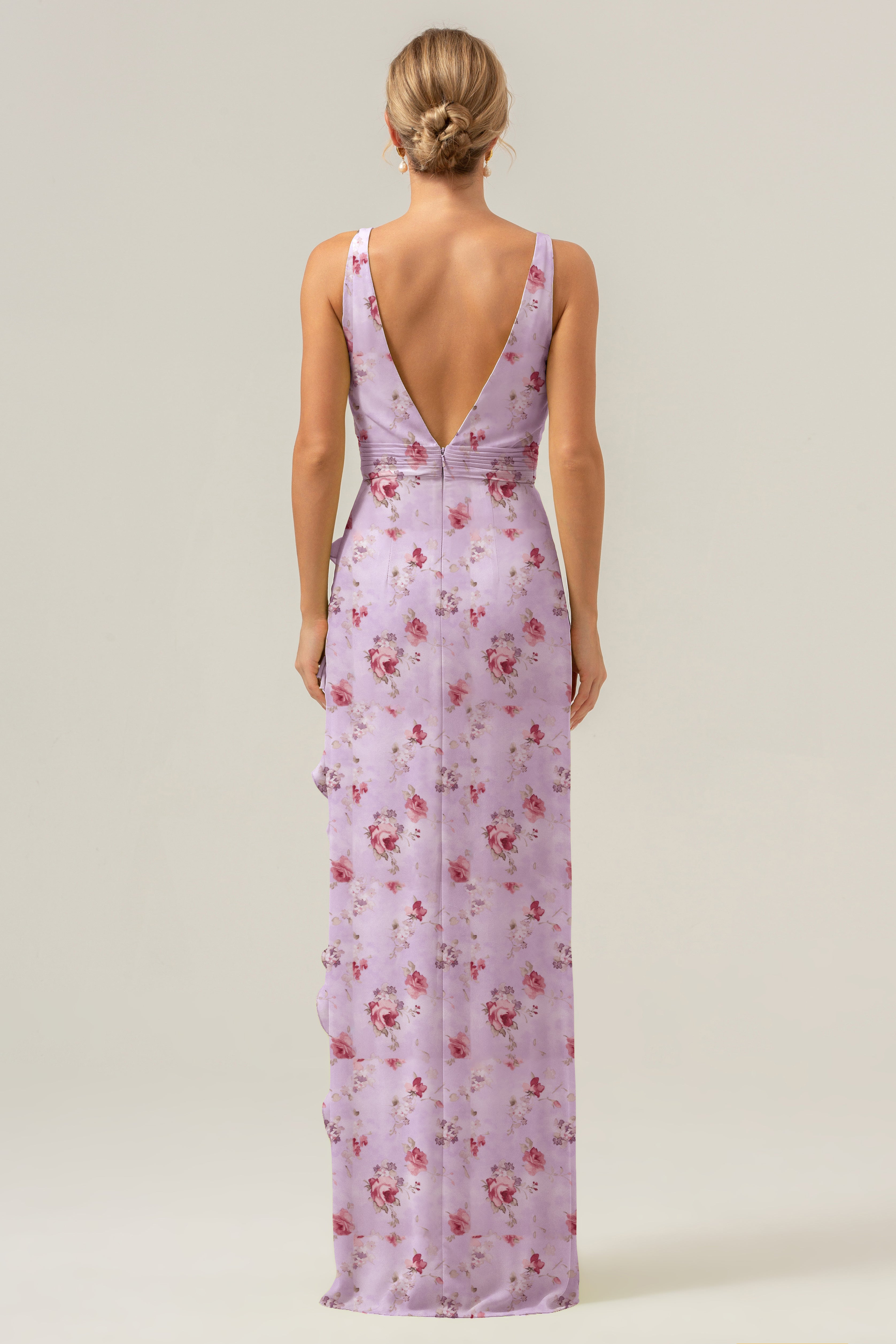 Blue Flower Mermaid Ruffles Long Bridesmaid Dress with Slit