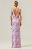 Blue Flower Mermaid Ruffles Long Bridesmaid Dress with Slit
