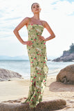 Blue Flower Spaghetti Straps Mermaid Ruffles Long Bridesmaid Dress with Slit