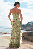 Blue Flower Spaghetti Straps Mermaid Ruffles Long Bridesmaid Dress with Slit