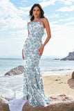 Blue Flower Halter Mermaid Long Bridesmaid Dress with Ruffles
