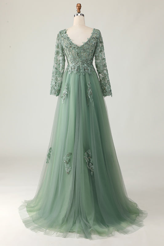Sage V-neck Applique Long A-Line Prom Dress with Sleeves