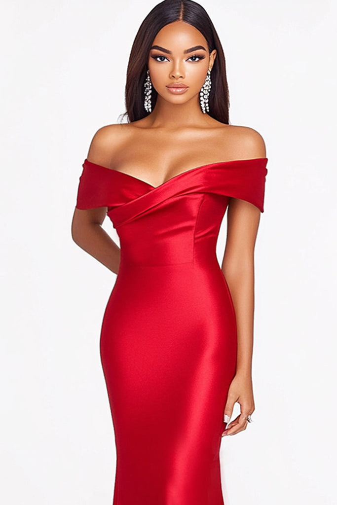 Zapakasa Women Red Formal Dress Mermaid Off The Shoulder Satin Floor ...