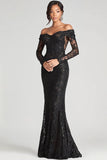 Black Formal Dress Sheath Off The Shoulder Long Sleeves Mesh And Lace Long Formal Wear Dress