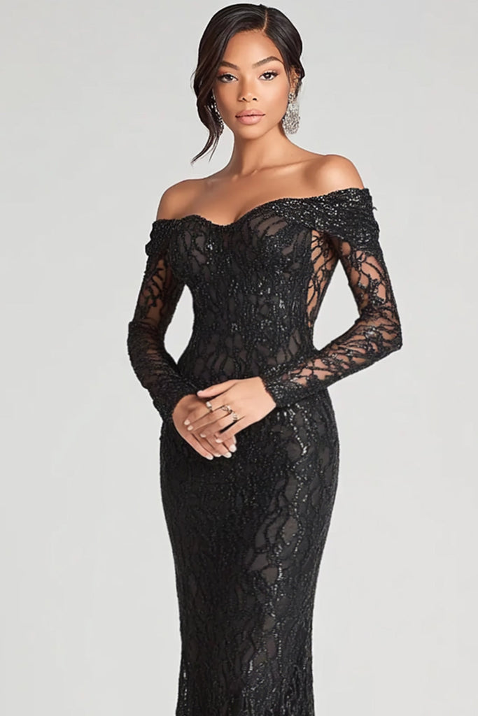 ZAPAKASA Women Black Formal Dress Mermaid Off The Shoulder Long Sleeves