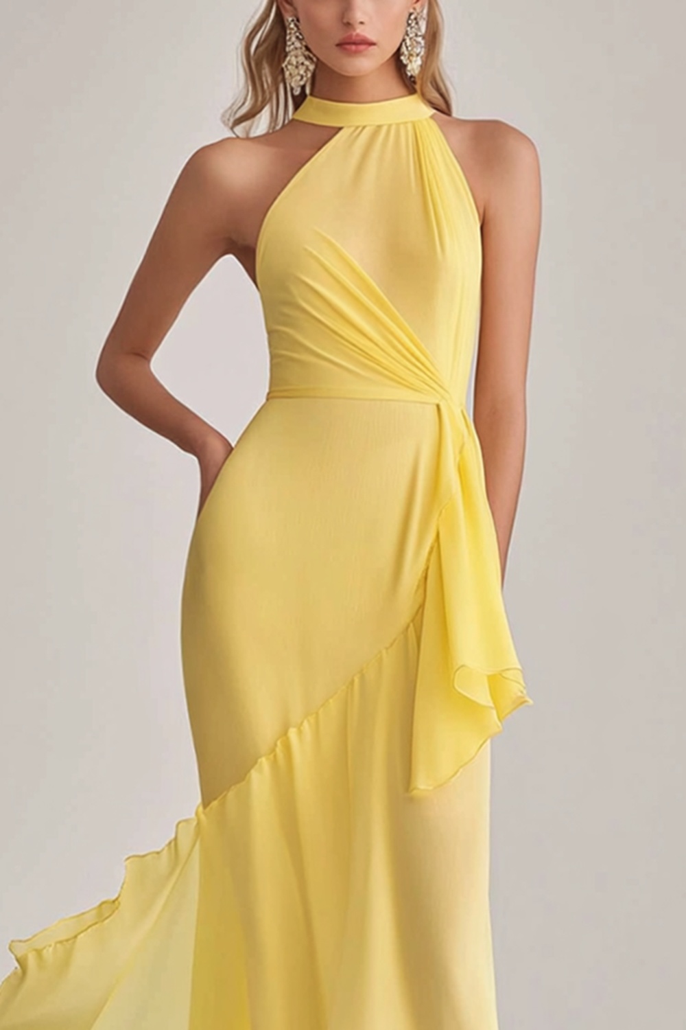 Zapakasa Women Light Yellow Halter Neck Mermaid Formal Dress Chiffon Long Wedding Guest Dress Zapakasa Women Light Yellow Halter Neck Mermaid Formal Dress Chiffon Long Wedding Guest Dress