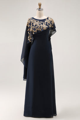 Sparkly Navy Sheath Chiffon Long Mother of Bride Dress with Cape