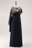 Sparkly Navy Sheath Chiffon Long Mother of Bride Dress with Cape