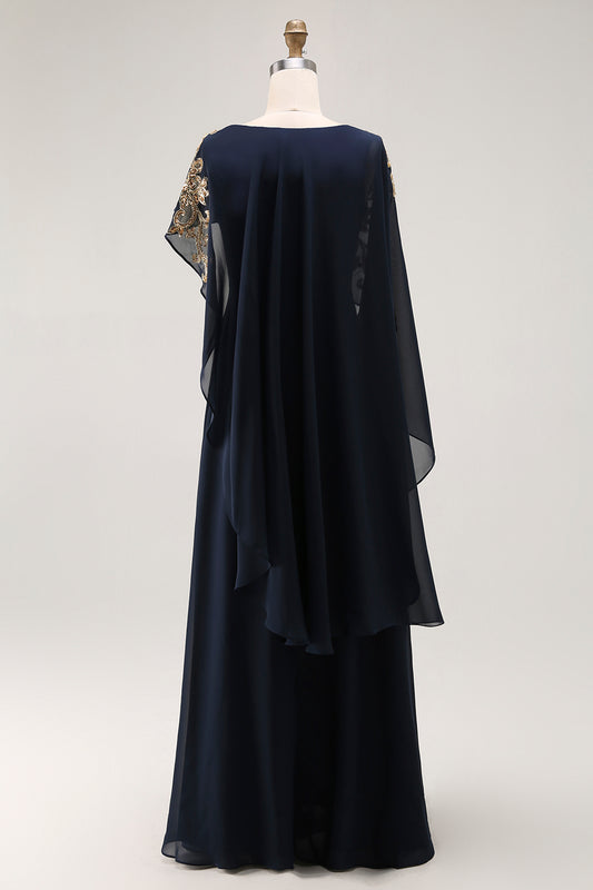 Sparkly Navy Sheath Chiffon Long Mother of Bride Dress with Cape