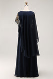 Sparkly Navy Sheath Chiffon Long Mother of Bride Dress with Cape