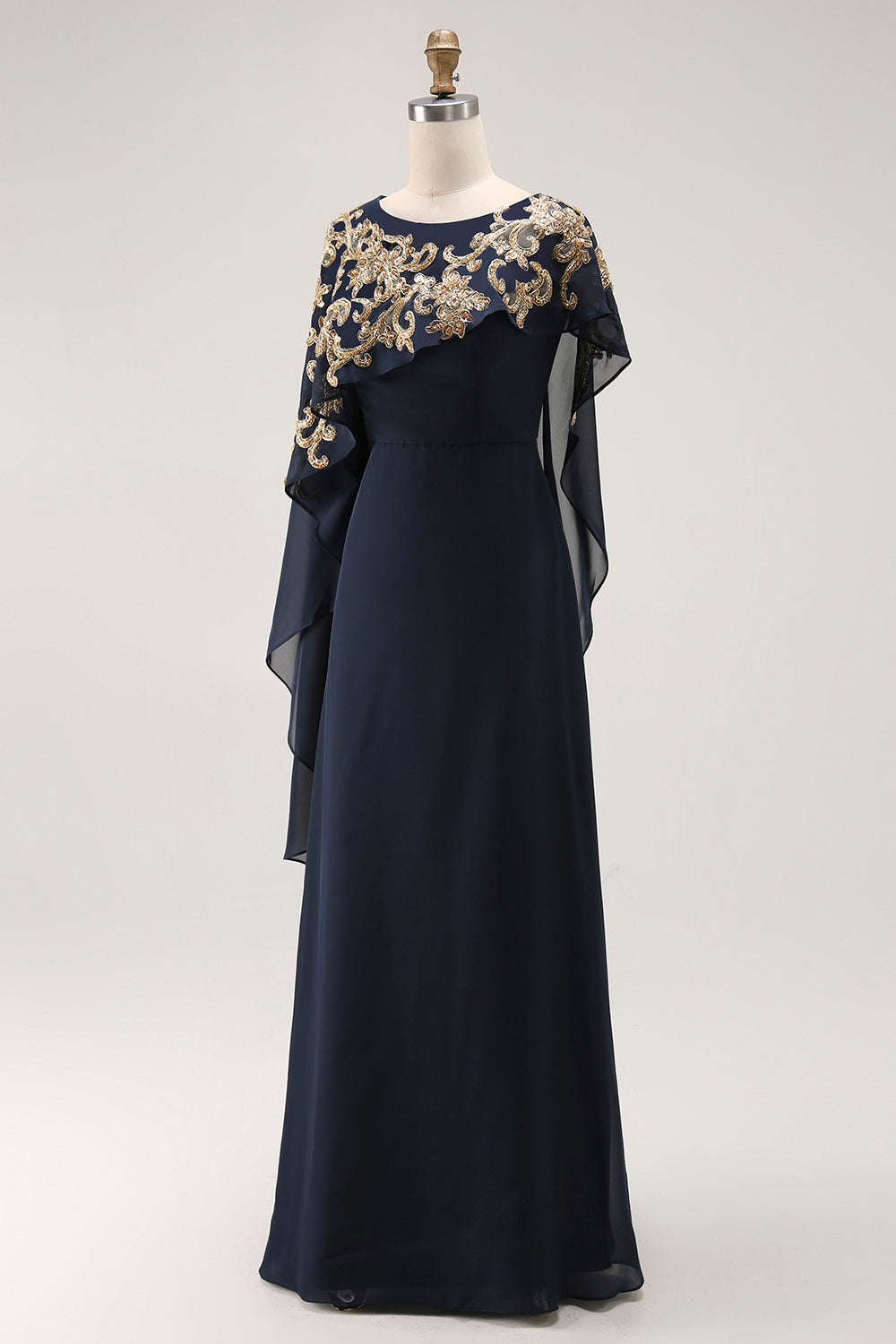 Sparkly Navy Sheath Chiffon Long Mother of Bride Dress with Cape