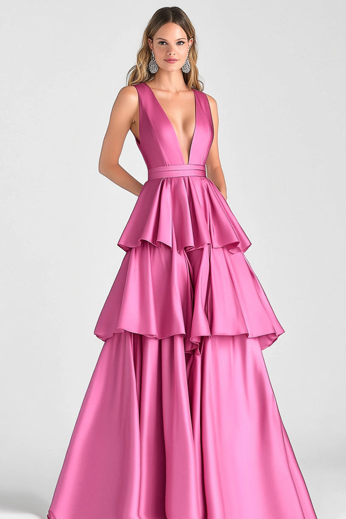 Fuchsia Dark V-Neck A-Line Prom Dress With Embellishment main image 1