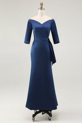 Navy Off the Shoulder Mermaid Long Mother of The Bride Dress with Sleeves