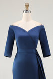Navy Off the Shoulder Mermaid Long Mother of The Bride Dress with Sleeves