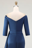 Navy Off the Shoulder Mermaid Long Mother of The Bride Dress with Sleeves