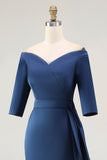 Navy Off the Shoulder Mermaid Long Mother of The Bride Dress with Sleeves