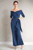 Navy Off the Shoulder Mermaid Long Mother of The Bride Dress with Sleeves