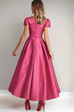 Fuchsia A Line Puff Sleeves Mother of the Bride Dress