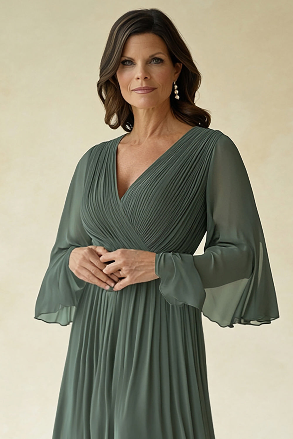 Zapaka Women Agave Mother of The Bride Dress Chiffon Pleated Flare Sleeves V Neck Wedding Guest Dress, Agave / US24W Zapaka Women Agave Mother of The Bride Dress Chiffon Pleated Flare Sleeves V Neck Wedding Guest Dress, Agave / US24W