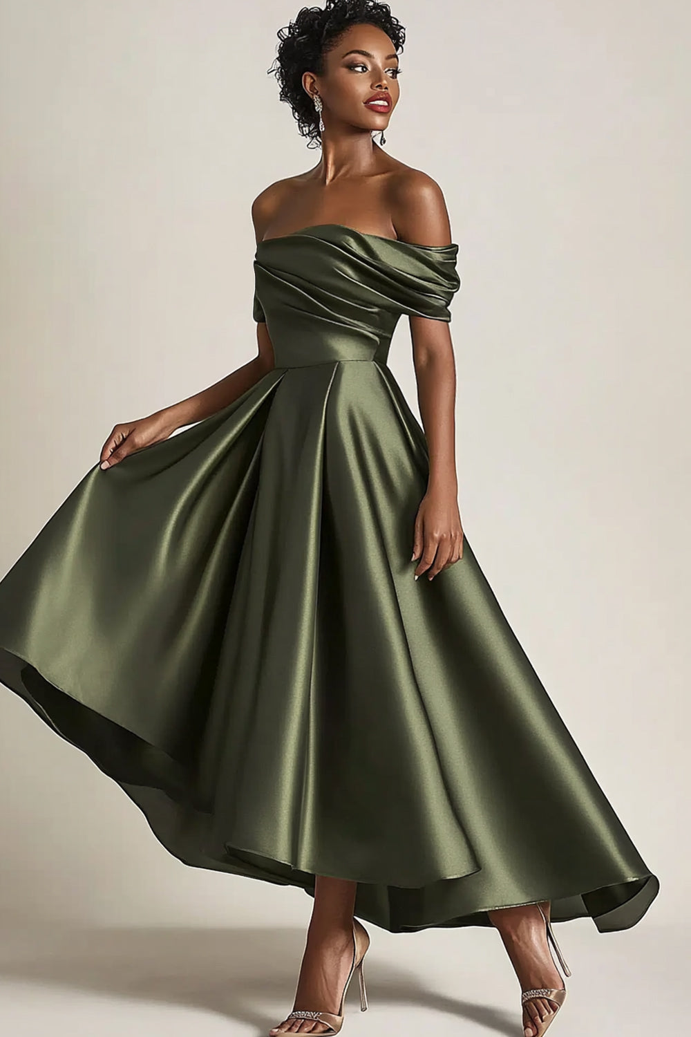 ZAPAKASA Women Olive Satin Ruched Long Mother of the Bride Dress A-Line Off the Shoulder Evening Dress ZAPAKASA Women Olive Satin Ruched Long Mother of the Bride Dress A-Line Off the Shoulder Evening Dress