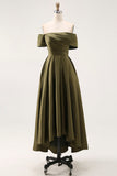Olive Ruched Satin A-Line Off the Shoulder Midi Mother of the Bride Dress