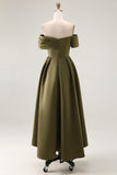 Olive Ruched Satin A-Line Off the Shoulder Midi Mother of the Bride Dress