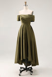 Olive Ruched Satin A-Line Off the Shoulder Midi Mother of the Bride Dress