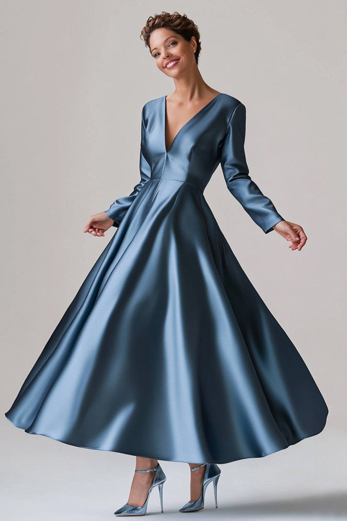 A-line V-neck Long Satin Dresses with Pockets Ink Blue Plus Size