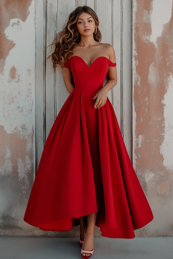 ZAPAKASA Women Red Off The Shoulder A Line Formal Dress Satin Long