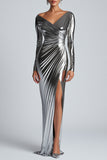 Silver Metallic Satin Sheath Formal Dress with Slit V-neck Long Sleeves Ruched Evening Dress