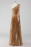 Golden Metallic A-Line Satin One Shoulder Long Formal Dress with Pleated