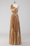 Golden Metallic A-Line Satin One Shoulder Long Formal Dress with Pleated