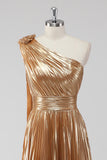 Golden Metallic A-Line Satin One Shoulder Long Formal Dress with Pleated