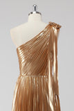 Golden Metallic A-Line Satin One Shoulder Long Formal Dress with Pleated