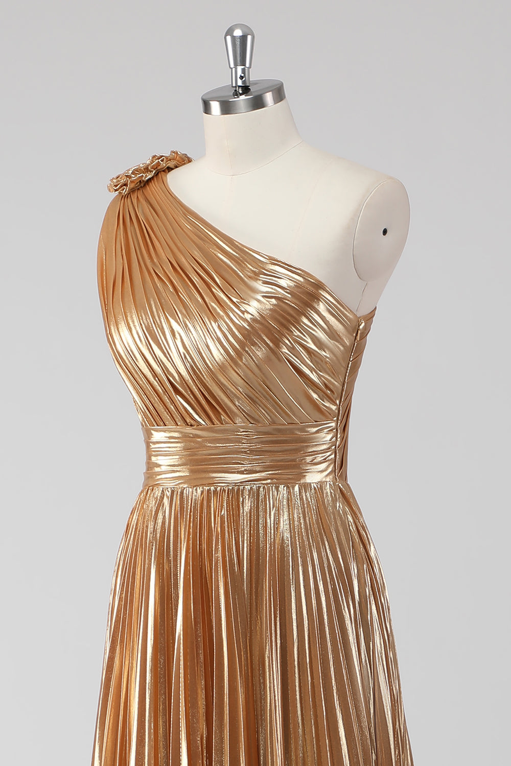 Golden Metallic A-Line Satin One Shoulder Long Formal Dress with Pleated