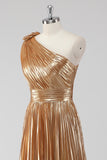 Golden Metallic A-Line Satin One Shoulder Long Formal Dress with Pleated