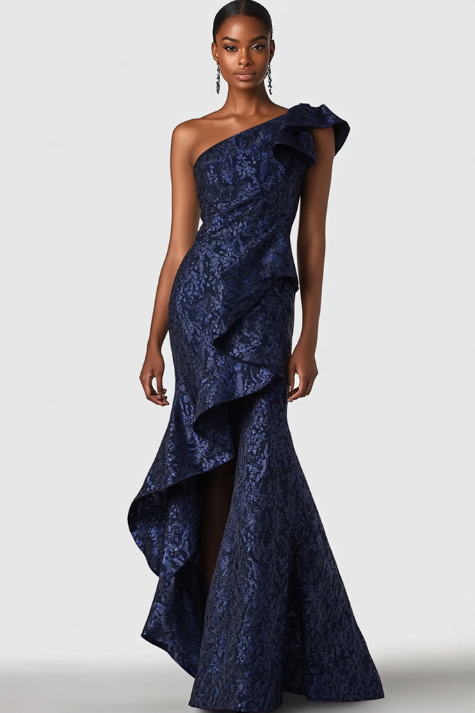 Dark Navy Ruffle Off The Shoulder Trumpet/Mermaid Formal Dresses main image 1