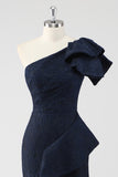Navy One Shoulder Ruffled Mermaid Formal Dress