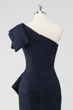 Navy One Shoulder Ruffled Mermaid Formal Dress