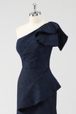 Navy One Shoulder Ruffled Mermaid Formal Dress