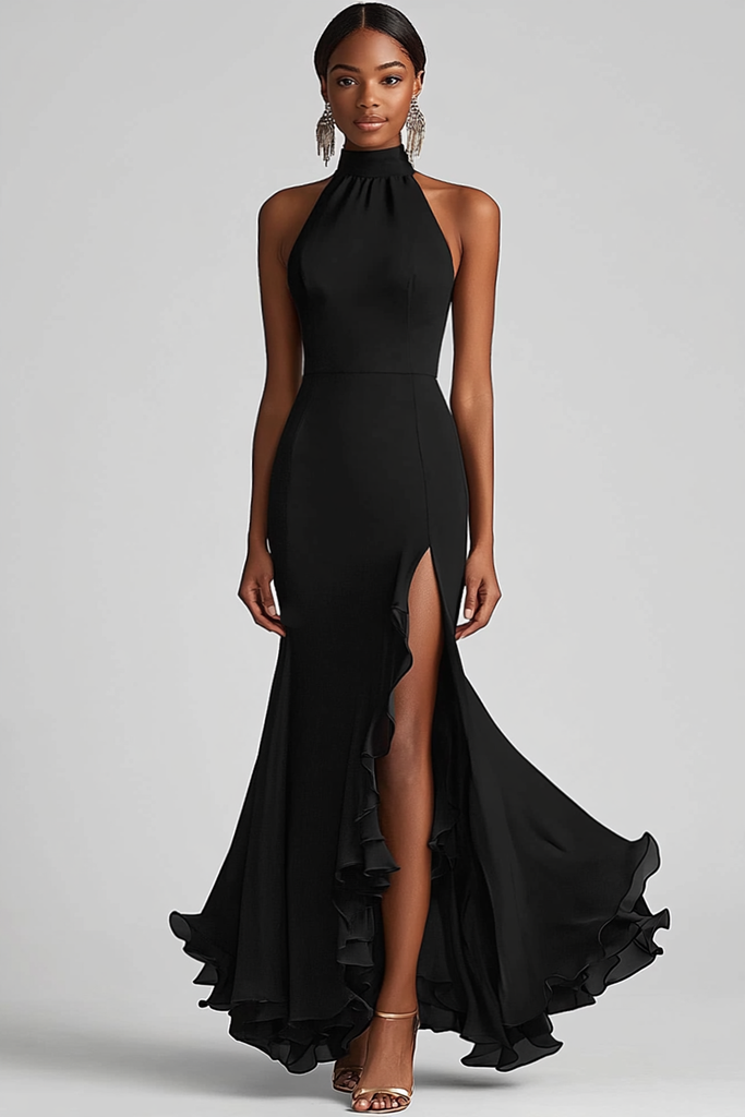 Zapakasa Women Halter Neck Prom Dress Black Ruffled Mermaid Long Formal