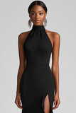 Halter Neck Black Ruffled Mermaid Long Formal Dress with Slit