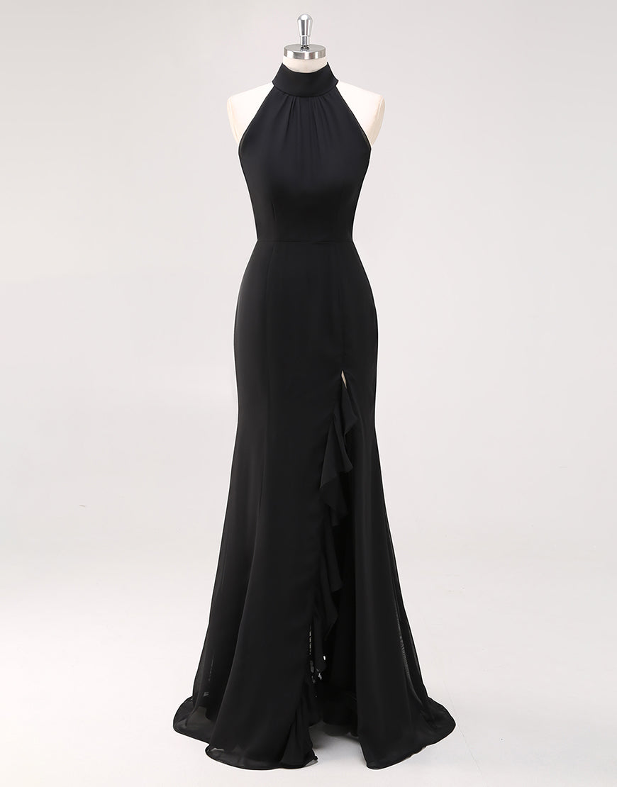Zapaka Halter Neck Black Tie Dress Black Ruffled Mermaid Long Formal Wedding Guest Dress with Slit