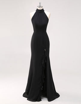 Zapaka Halter Neck Black Tie Dress Black Ruffled Mermaid Long Formal Wedding Guest Dress with Slit